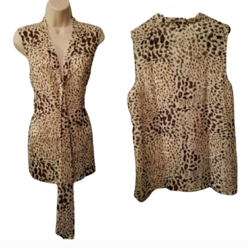 ⭐A) Women’s Animal Print Sleeveless Blouse Size XL – Leopard Tie Front Top